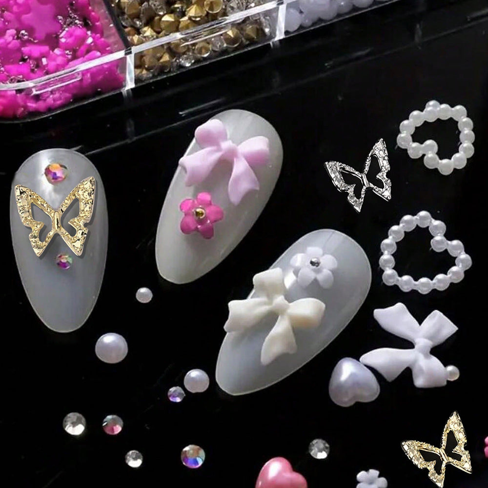 Bow Love Five Break Flower Pearl Resin Drill Nail Accessories